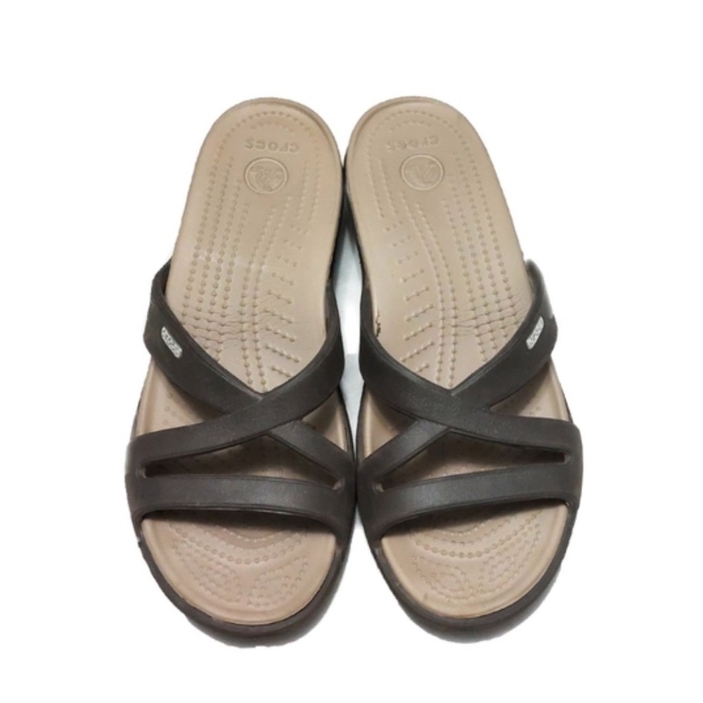 Crocs Patricia Twist Brown Tan Cross Strap Slides Sandals Women's Size 8